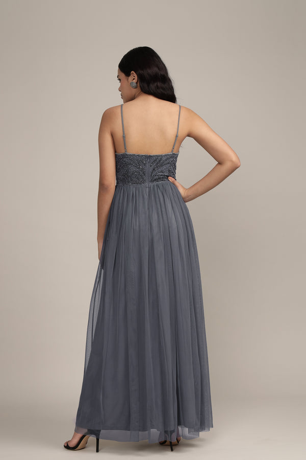 Lace & Beads Seraphina Embellished Maxi Dress In Grey
