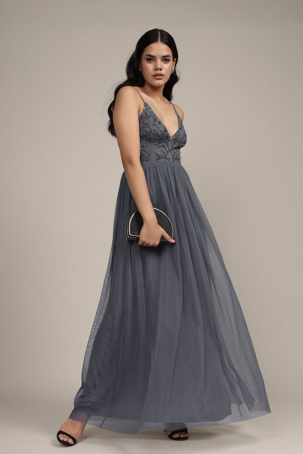 lace & beads Seraphina Embellished Maxi Dress in Grey