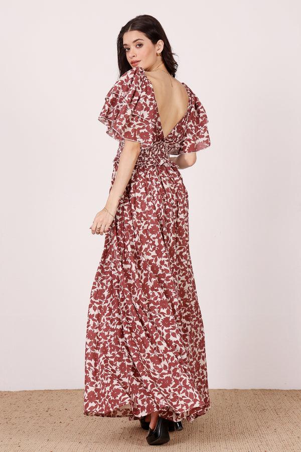 Lace & Beads Shelby Cotton Maxi Dress In Burgundy Leaf Print