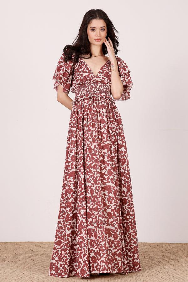 Lace & Beads Shelby Cotton Maxi Dress In Burgundy Leaf Print