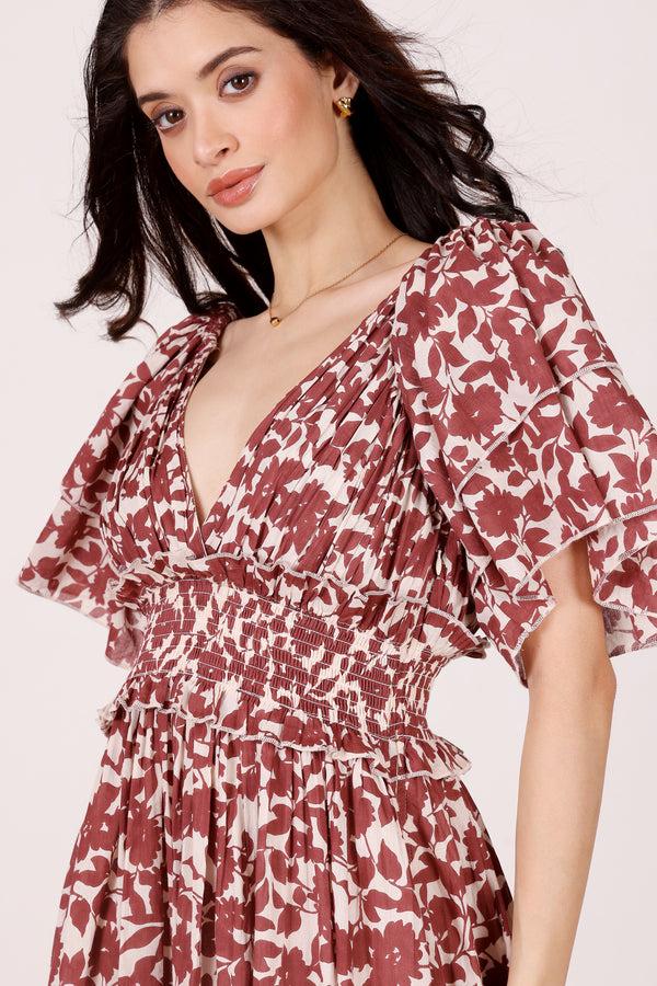 Lace & Beads Shelby Cotton Maxi Dress In Burgundy Leaf Print