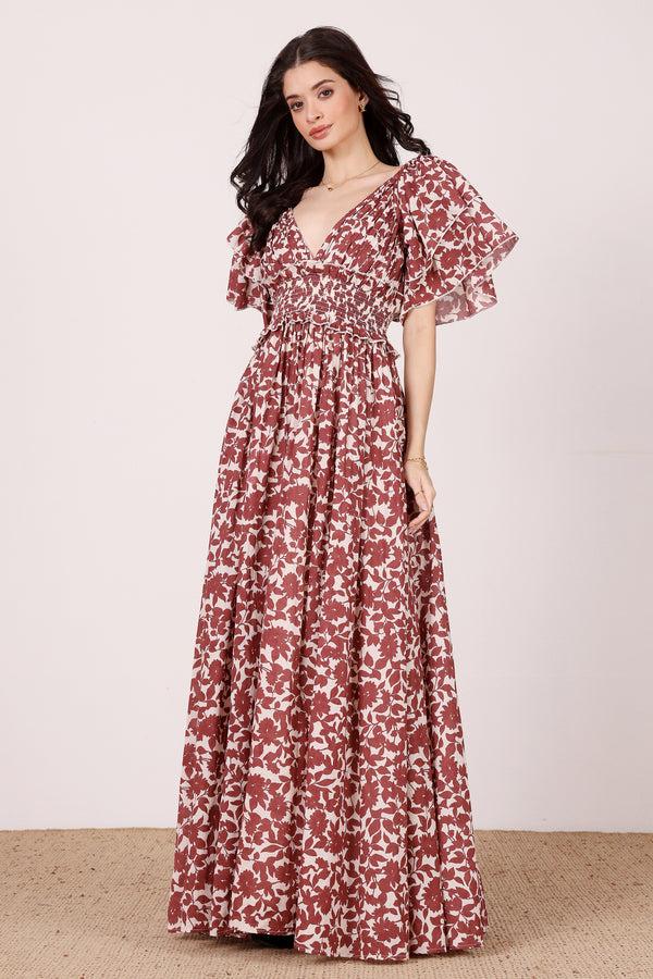 lace & beads Shelby Cotton Maxi Dress in Burgundy Leaf Print