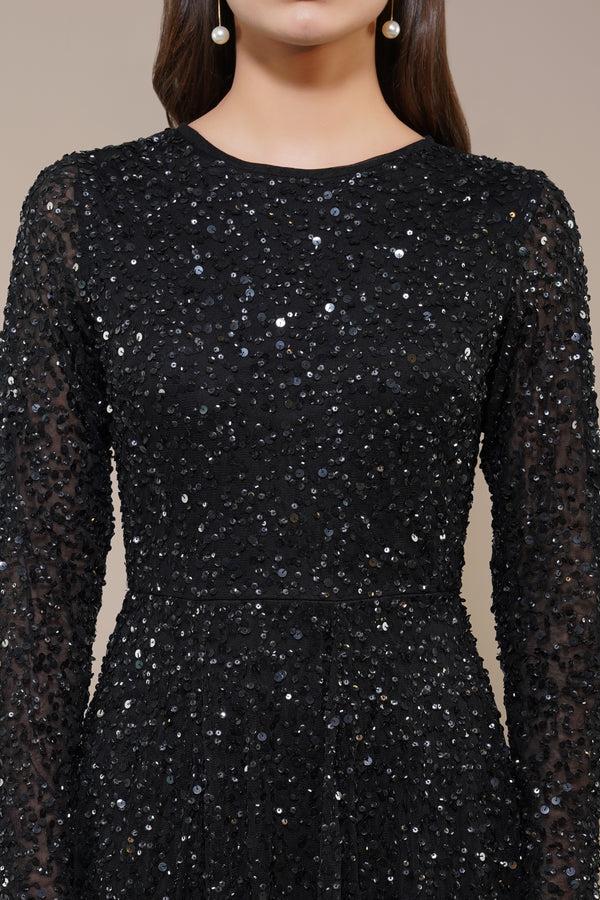 Lace & Beads Sila Long Sleeve Embellished Maxi Dress In Black