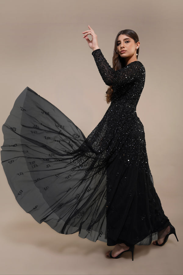 Lace & Beads Sila Long Sleeve Embellished Maxi Dress In Black