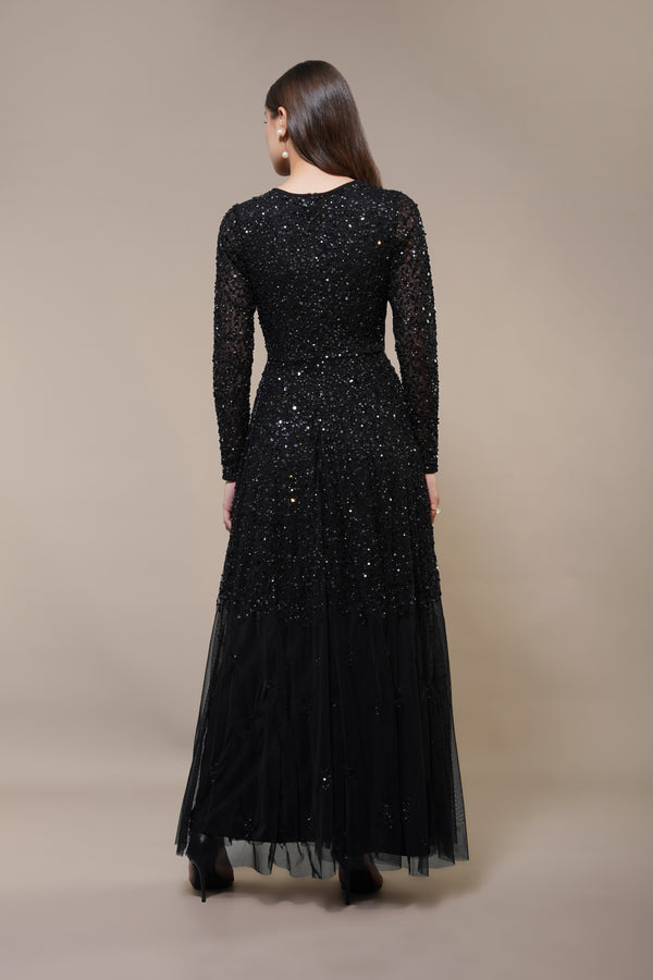 Lace & Beads Sila Long Sleeve Embellished Maxi Dress In Black