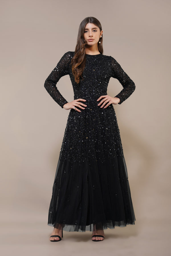 lace & beads Sila Long Sleeve Embellished Maxi Dress in Black
