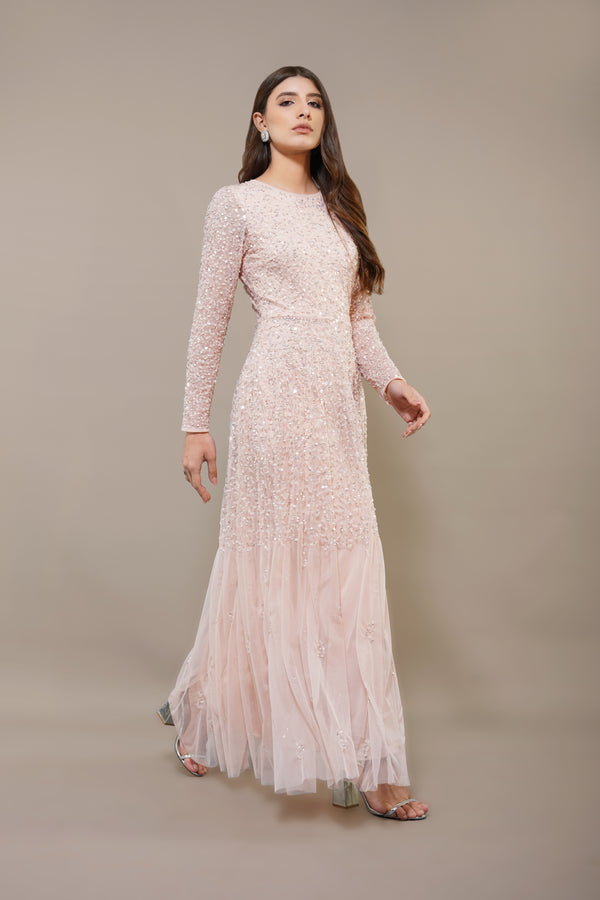 Lace & Beads Sila Long Sleeve Embellished Maxi Dress In Blush Pink