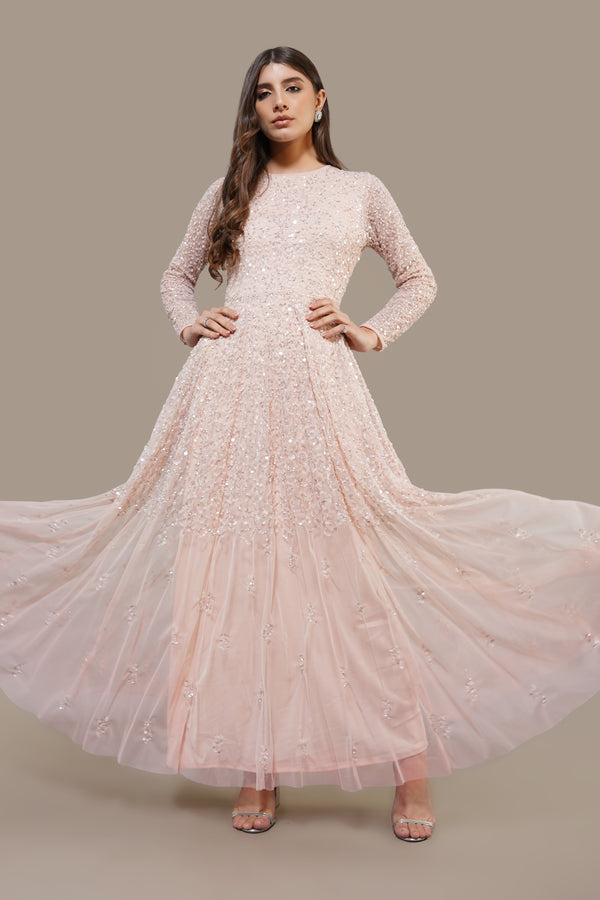 Lace & Beads Sila Long Sleeve Embellished Maxi Dress In Blush Pink