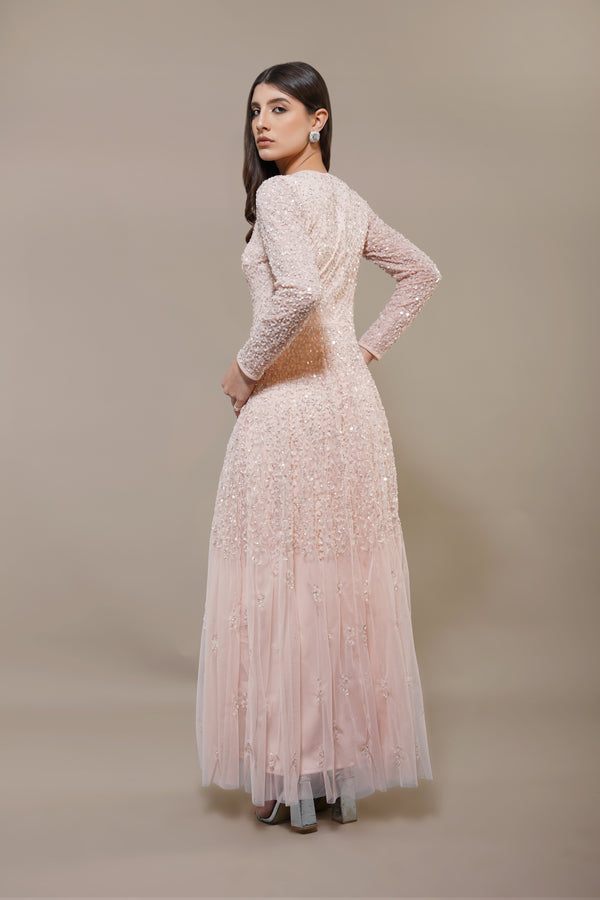 Lace & Beads Sila Long Sleeve Embellished Maxi Dress In Blush Pink