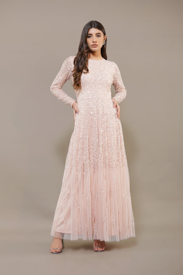 lace & beads Sila Long Sleeve Embellished Maxi Dress in Blush Pink