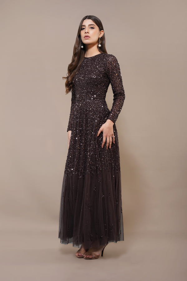 Lace & Beads Sila Long Sleeve Embellished Maxi Dress In Coffee Brown