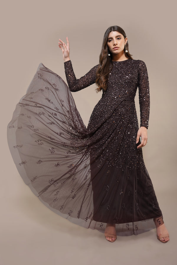 Lace & Beads Sila Long Sleeve Embellished Maxi Dress In Coffee Brown