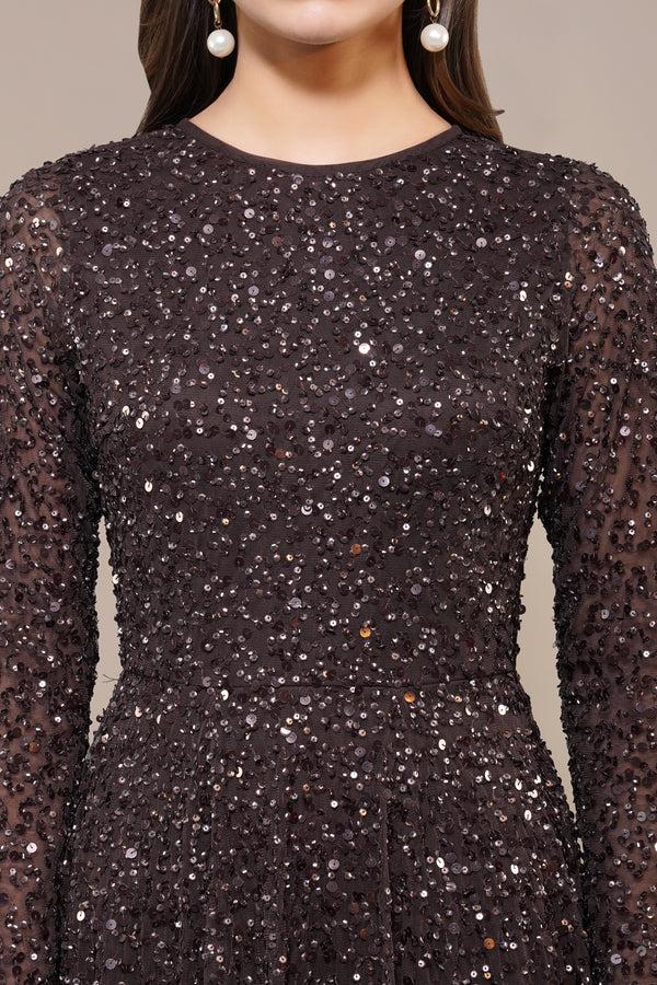 Lace & Beads Sila Long Sleeve Embellished Maxi Dress In Coffee Brown