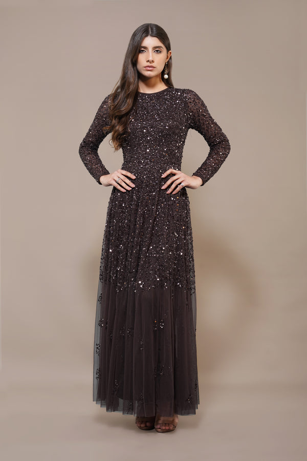 lace & beads Sila Long Sleeve Embellished Maxi Dress in Coffee Brown