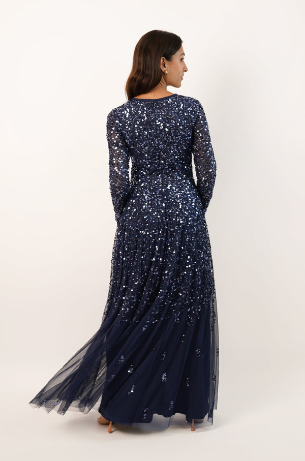 Lace & Beads Sila Long Sleeve Embellished Maxi Dress In Dark Blue