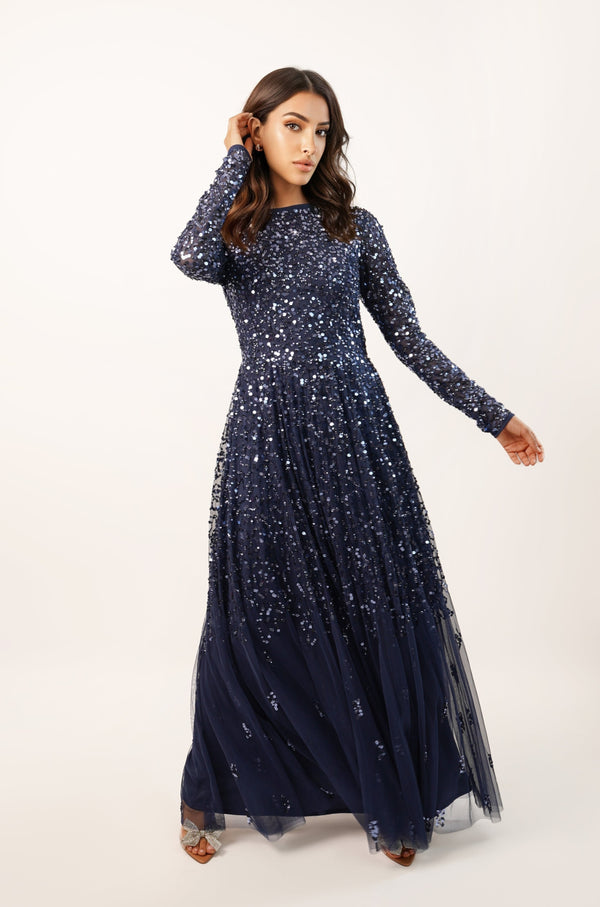 lace & beads Sila Long Sleeve Embellished Maxi Dress in Dark Blue