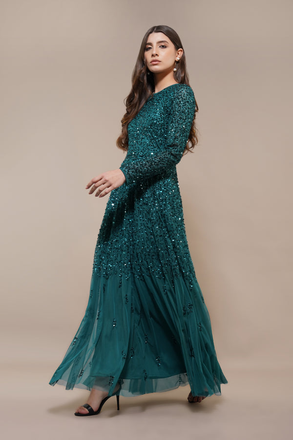 Lace & Beads Sila Long Sleeve Embellished Maxi Dress In Emerald Green