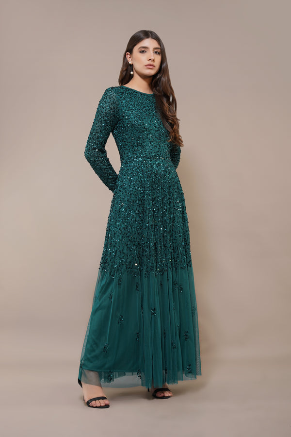Lace & Beads Sila Long Sleeve Embellished Maxi Dress In Emerald Green