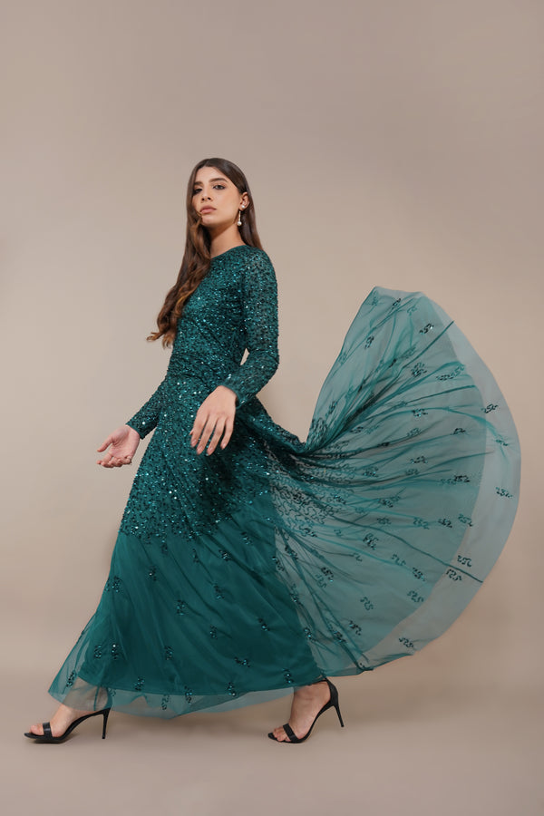 Lace & Beads Sila Long Sleeve Embellished Maxi Dress In Emerald Green