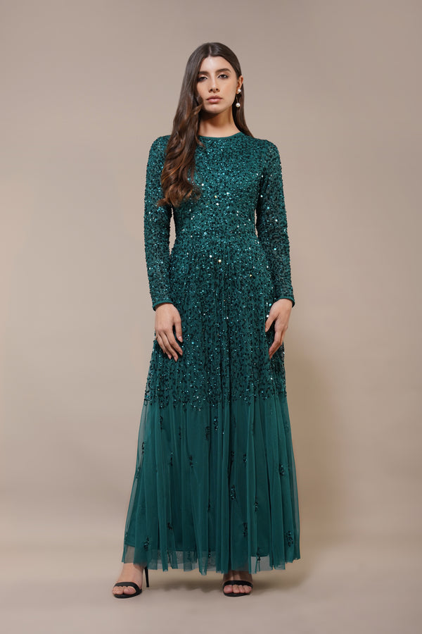 lace & beads Sila Long Sleeve Embellished Maxi Dress in Emerald Green