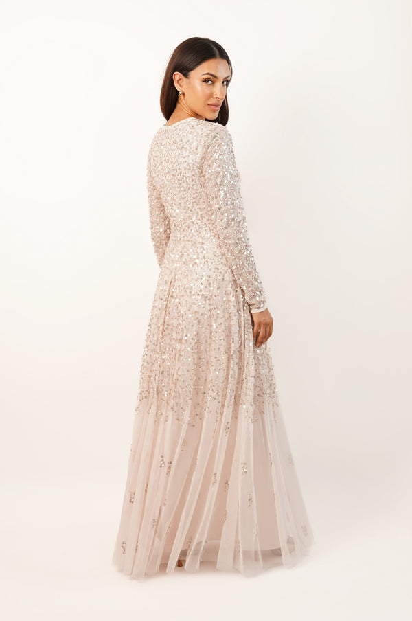 Lace & Beads Sila Long Sleeve Embellished Maxi Dress In Powder Pink