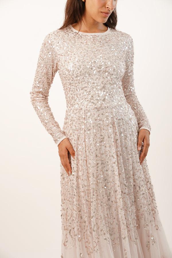 Lace & Beads Sila Long Sleeve Embellished Maxi Dress In Powder Pink