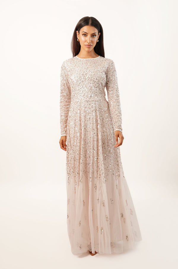 lace & beads Sila Long Sleeve Embellished Maxi Dress in Powder Pink