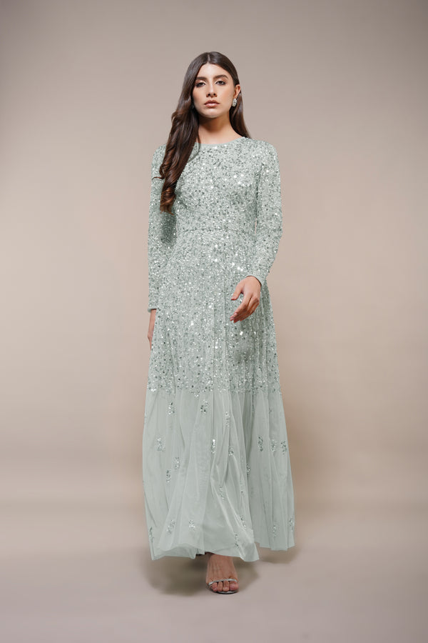Lace & Beads Sila Long Sleeve Embellished Maxi Dress In Sage Green