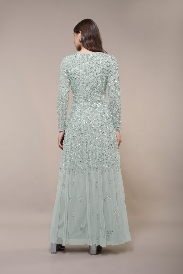 Lace & Beads Sila Long Sleeve Embellished Maxi Dress In Sage Green