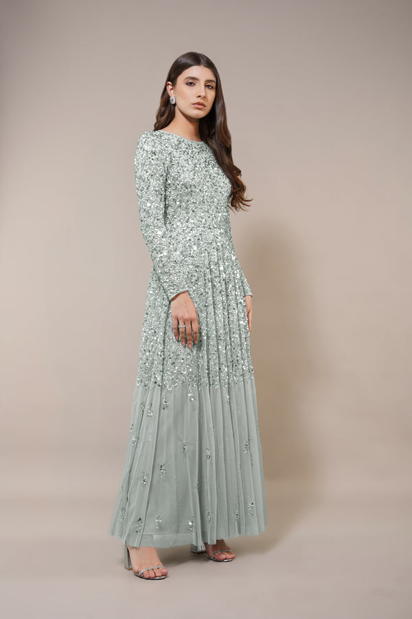 Lace & Beads Sila Long Sleeve Embellished Maxi Dress In Sage Green
