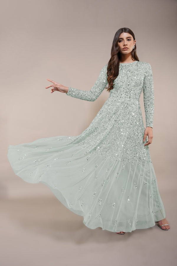 lace & beads Sila Long Sleeve Embellished Maxi Dress in Sage Green