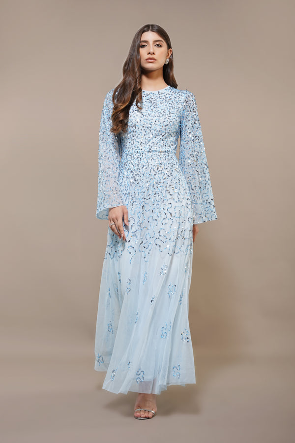 Lace & Beads Sloane Long Sleeve Embellished Maxi Dress In Sky Blue