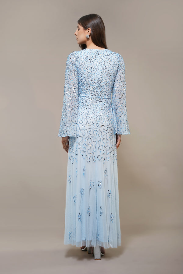 Lace & Beads Sloane Long Sleeve Embellished Maxi Dress In Sky Blue