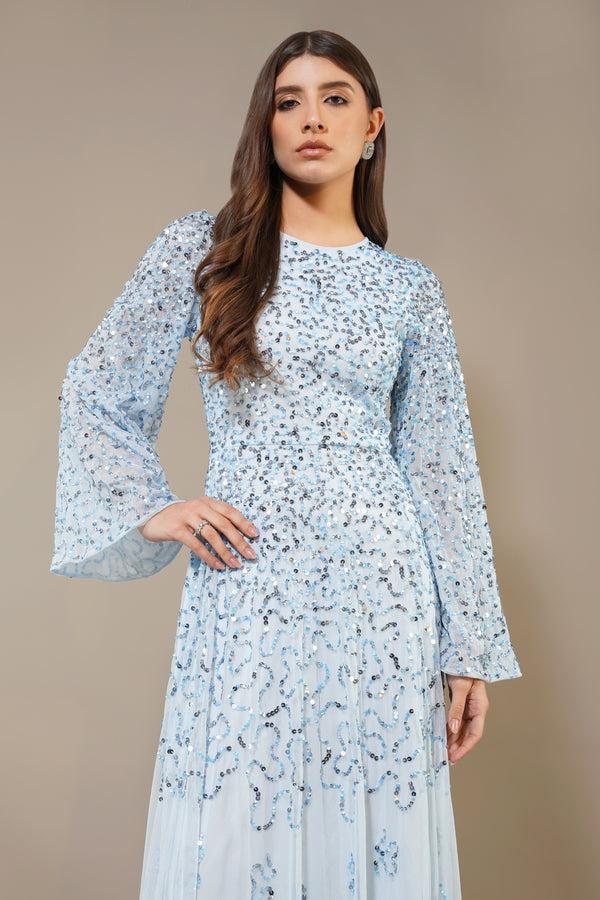 lace & beads Sloane Long Sleeve Embellished Maxi Dress in Sky Blue