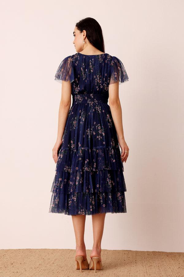 Lace & Beads Smocked Madison Midi Dress In Navy Floral