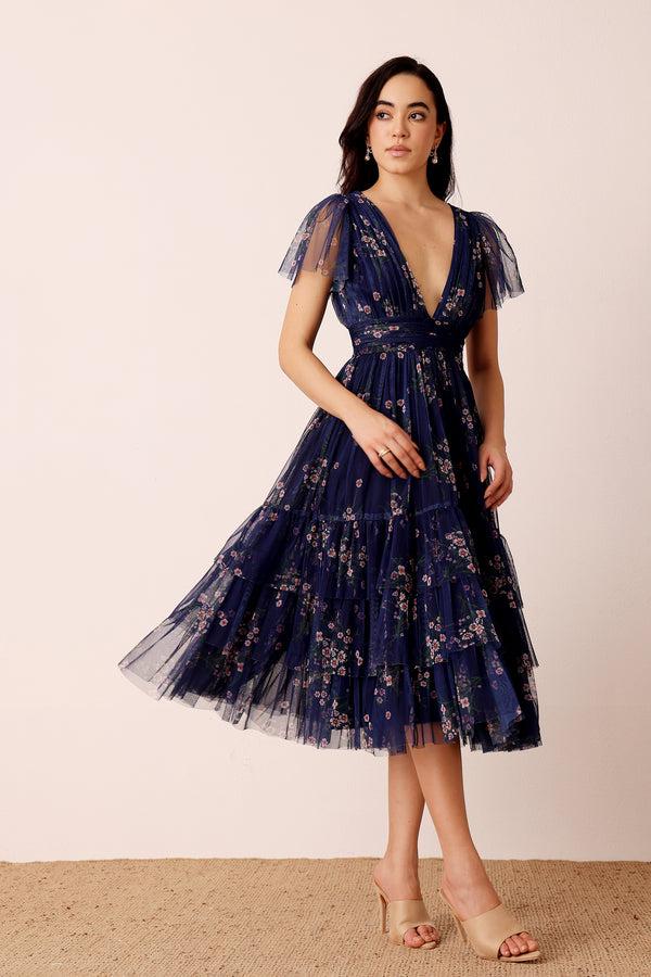 Lace & Beads Smocked Madison Midi Dress In Navy Floral