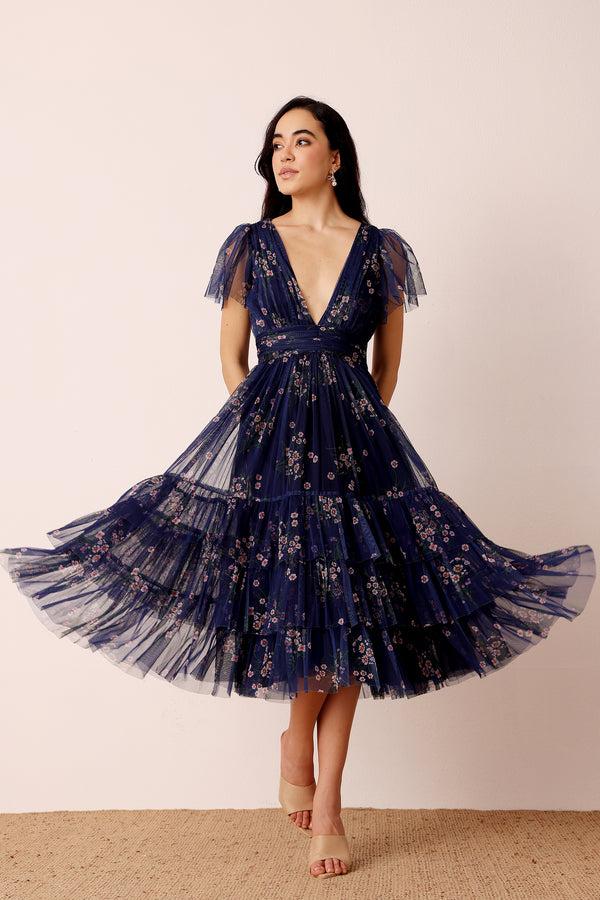 lace & beads Smocked Madison Midi Dress in Navy Floral