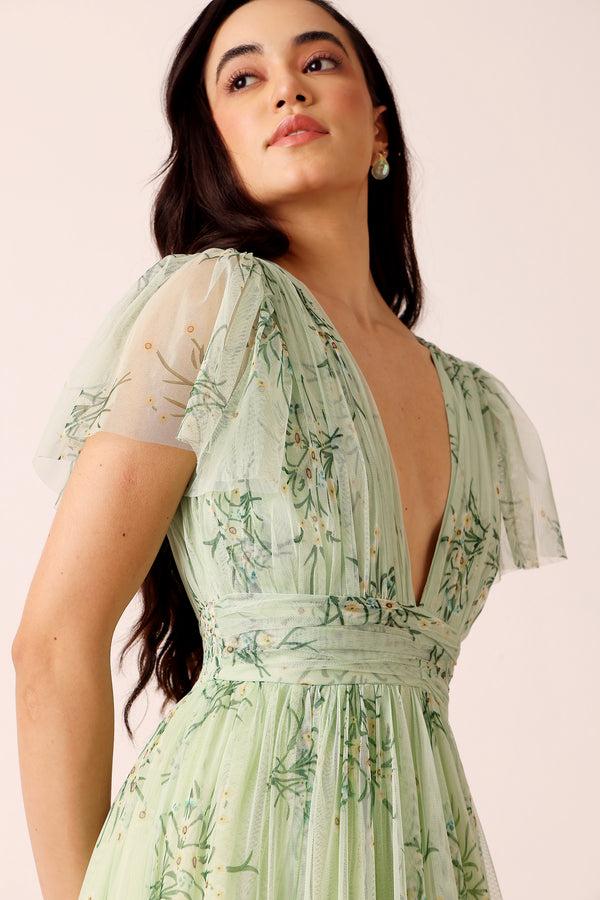 Lace & Beads Smocked Madison Midi Dress In Pistachio Floral