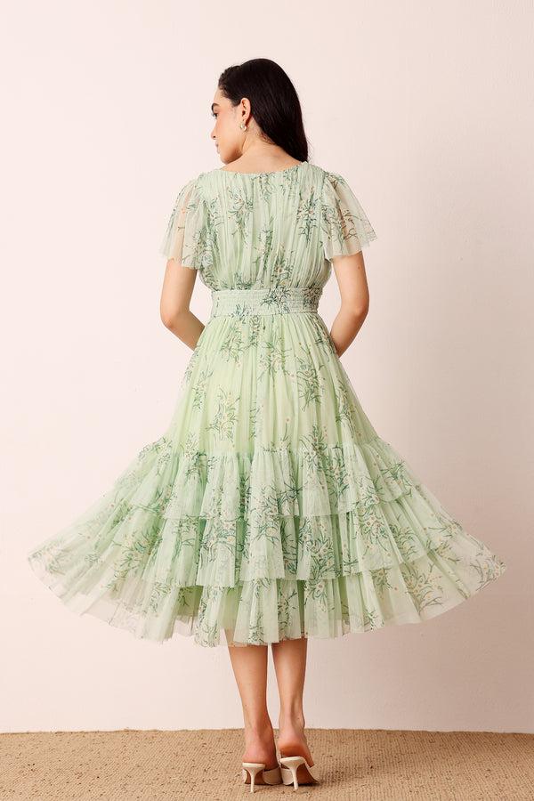 Lace & Beads Smocked Madison Midi Dress In Pistachio Floral