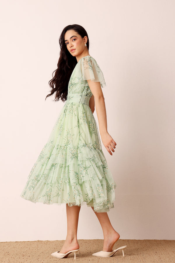 Lace & Beads Smocked Madison Midi Dress In Pistachio Floral