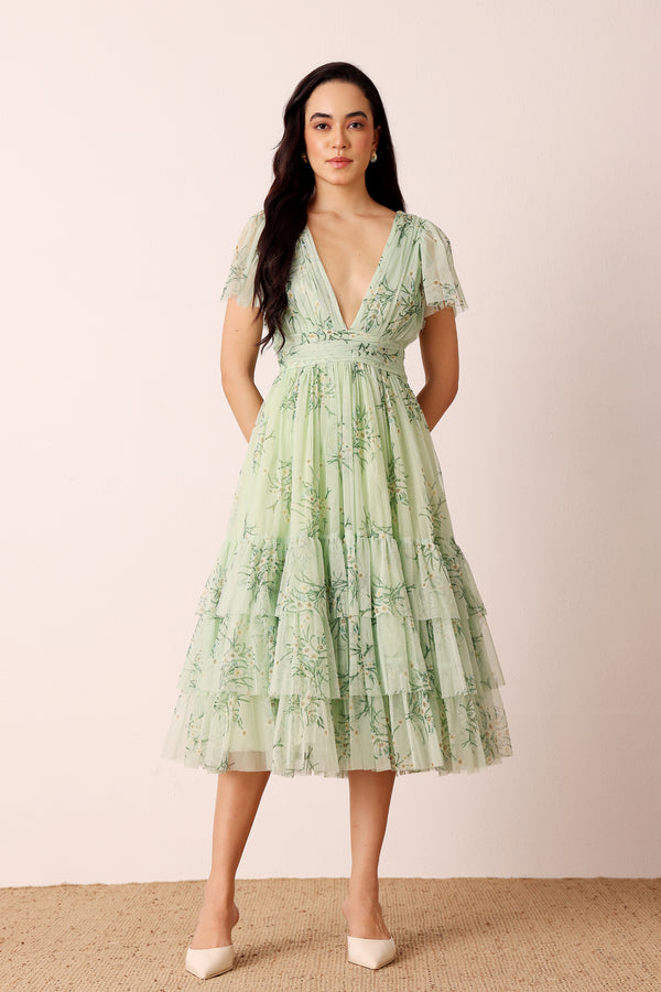 lace & beads Smocked Madison Midi Dress in Pistachio Floral