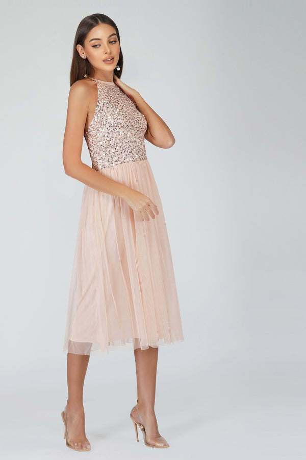 Lace & Beads Sprinkle Blush Pink Bridesmaid Midi Dress