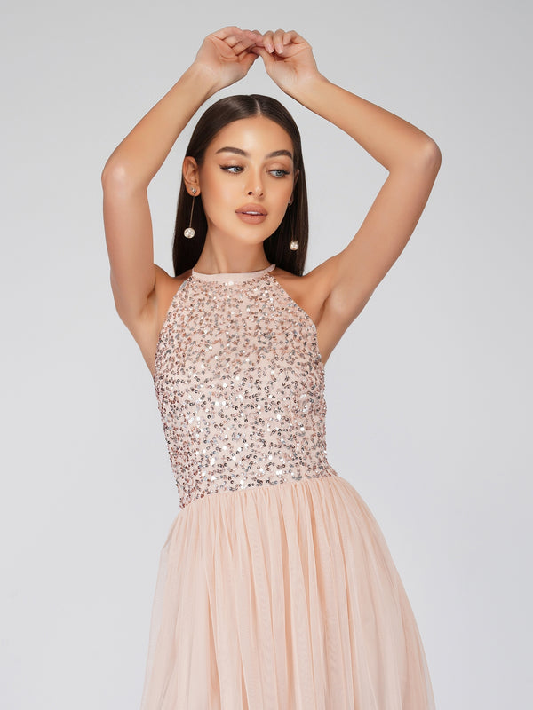 Lace & Beads Sprinkle Blush Pink Bridesmaid Midi Dress