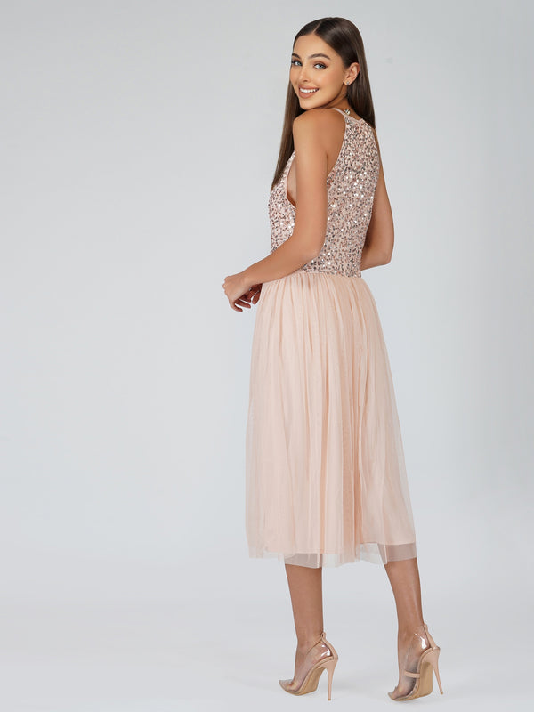 Lace & Beads Sprinkle Blush Pink Bridesmaid Midi Dress