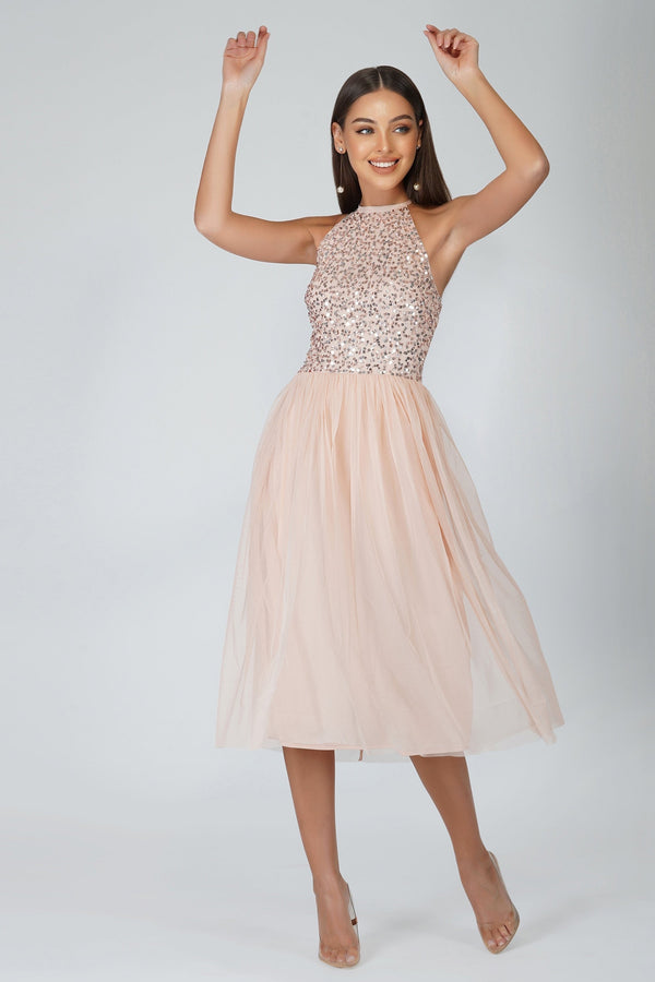 lace & beads Sprinkle Blush Pink Bridesmaid Midi Dress
