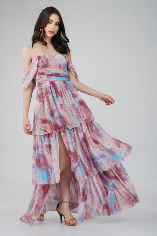 Lace & Beads Sydney Chiffon Maxi Dress In Burgundy Print