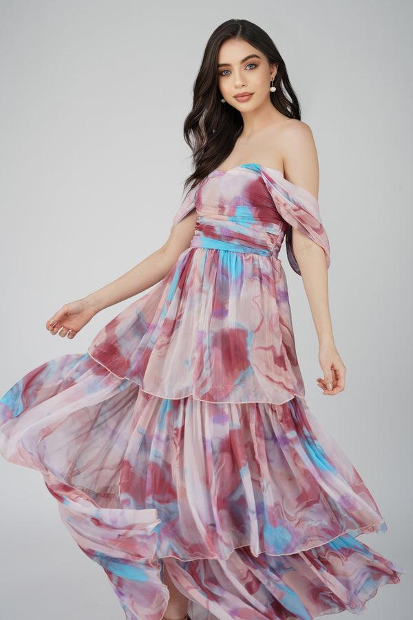 Lace & Beads Sydney Chiffon Maxi Dress In Burgundy Print