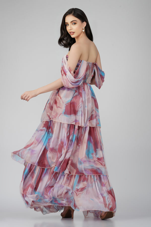 Lace & Beads Sydney Chiffon Maxi Dress In Burgundy Print