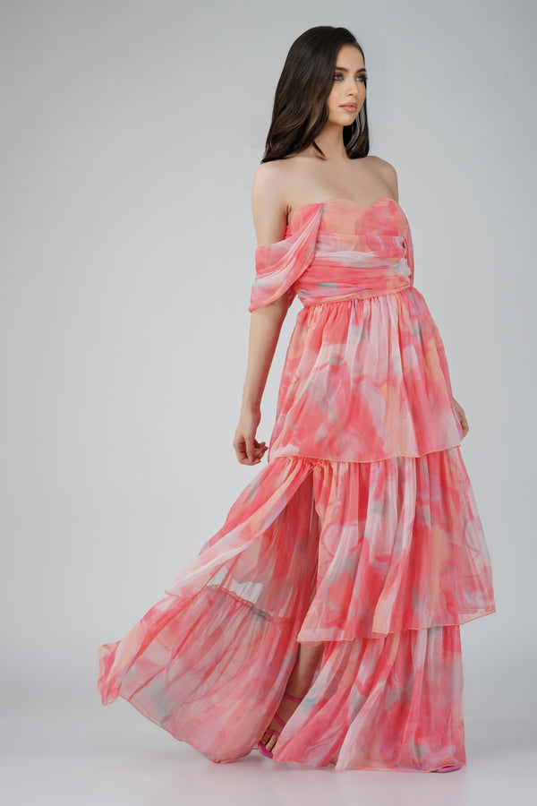 Lace & Beads Sydney Chiffon Maxi Dress In Coral Print