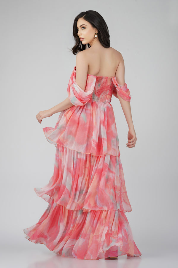 Lace & Beads Sydney Chiffon Maxi Dress In Coral Print